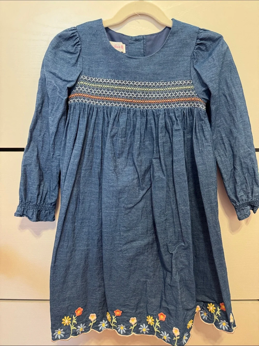 Bonnie Jean Blue Denim-Style Long-Sleeve Embroidered Dress